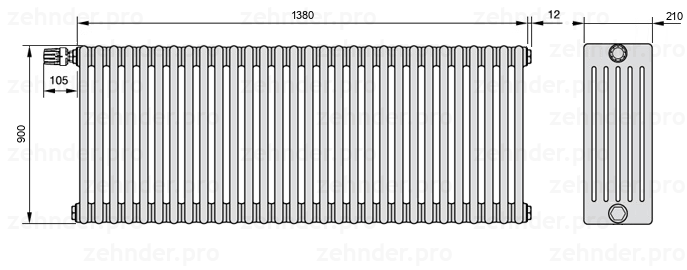 Схема (чертеж) Радиатор Zehnder Charleston 6090/30 №V011 Белый глянцевый RAL 9016